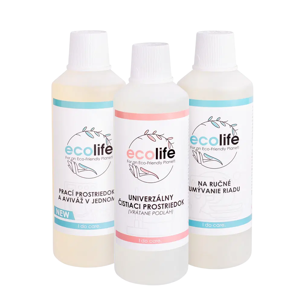 EcoLife zkušební balení III – prostředek na nádobí, univerzální čistič a prací prostředek s aviváží